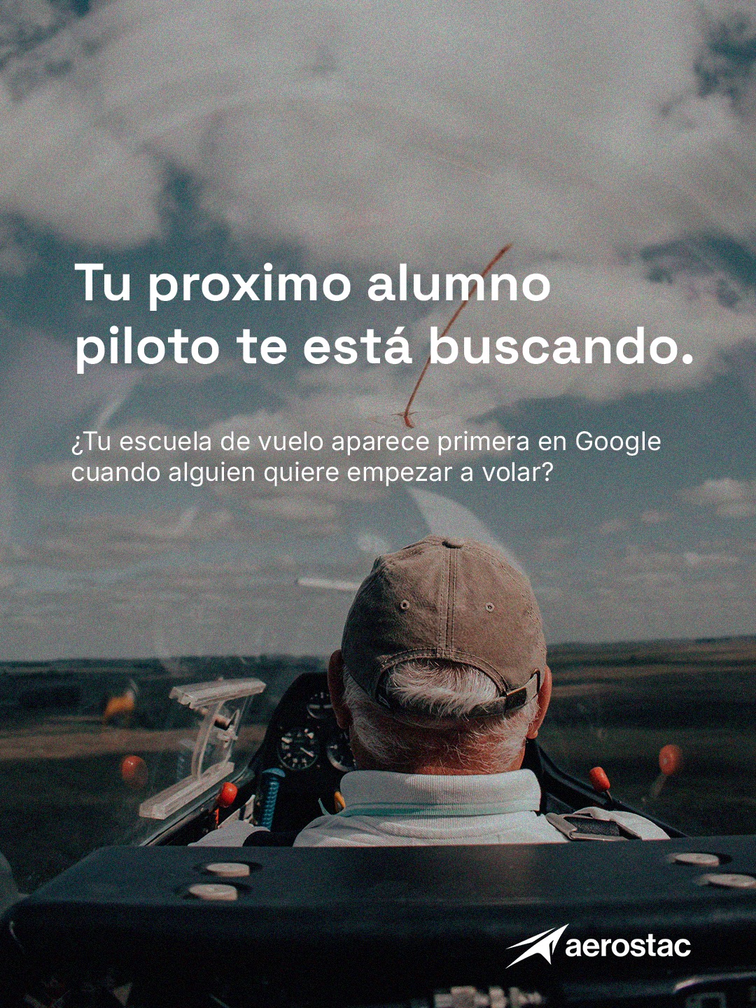 Pilot in a cockpit with a message about student and client acquisition