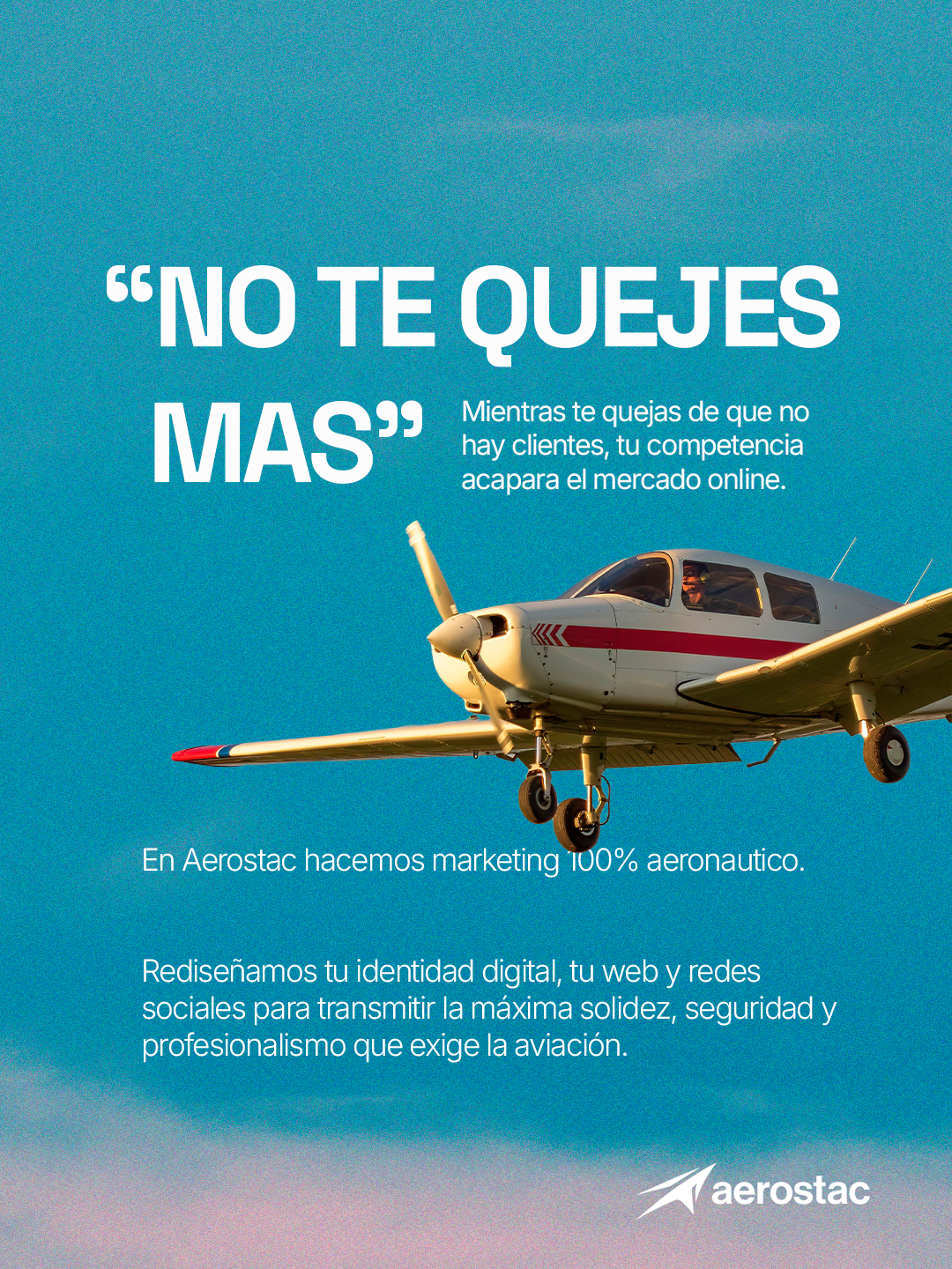 Aircraft in flight with AEROSTAC aviation marketing message