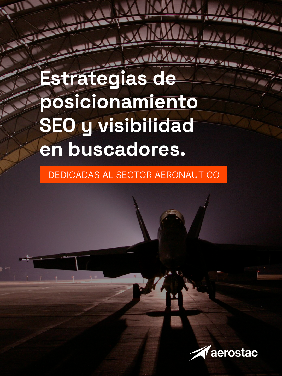 Fighter jet in an illuminated hangar with text about SEO and search visibility